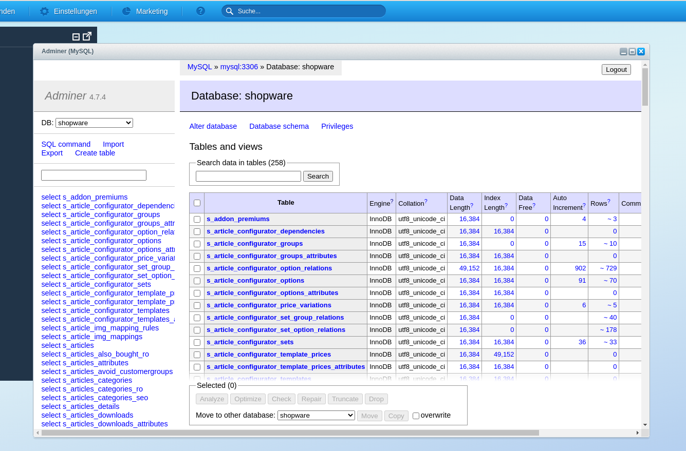 Adminer in Shopware