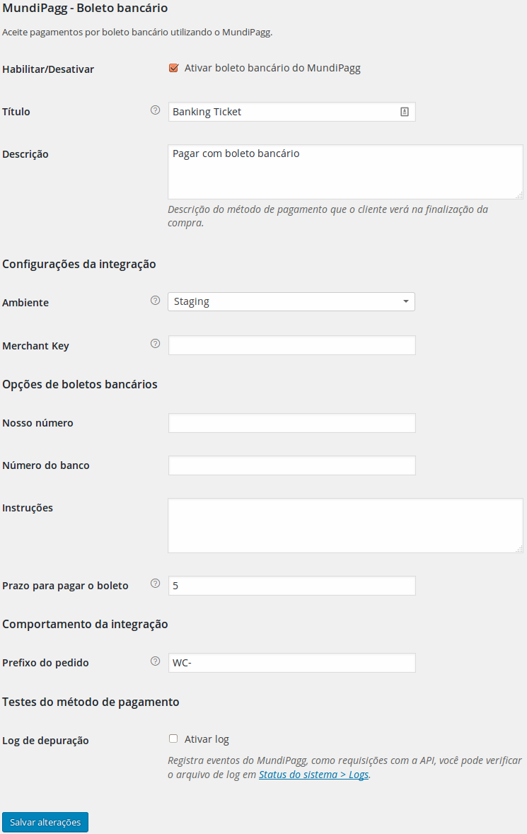 Banking ticket settings.