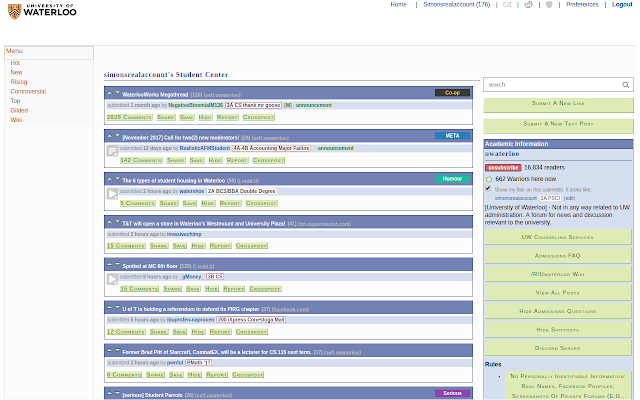 Screenshot of Questify running on the UWaterloo subreddit