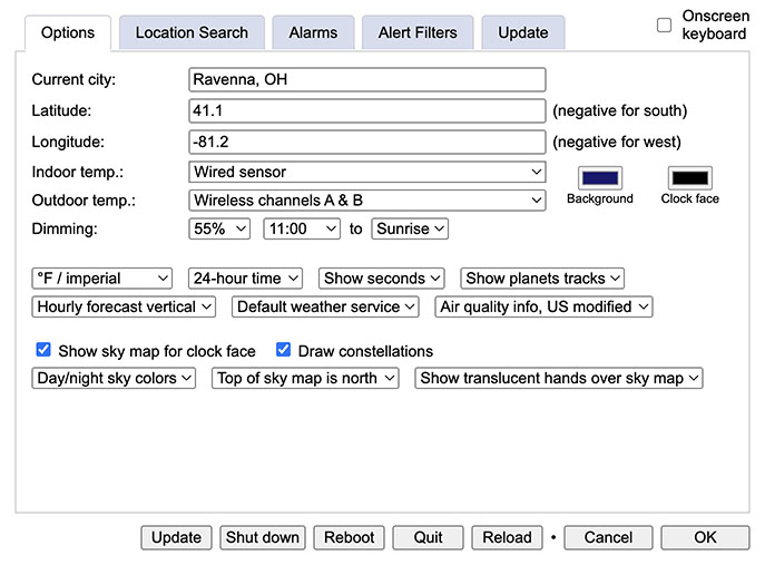 user settings screenshot - options