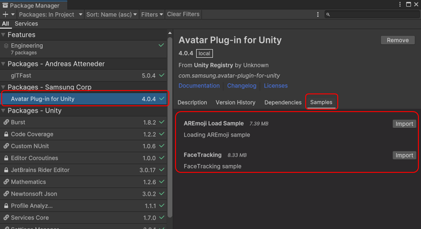 Figure 4: Avatar Plug-in for Unity Samples