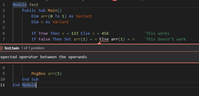 If ... Then ... Else syntax in the same line is not working with Set ...