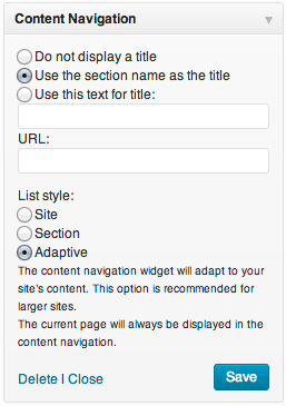 The “Content Navigation” widget presents a configurable sidebar navigation list