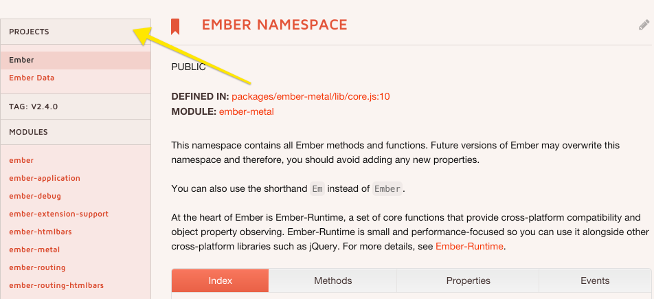 current ember api docs showing projects page