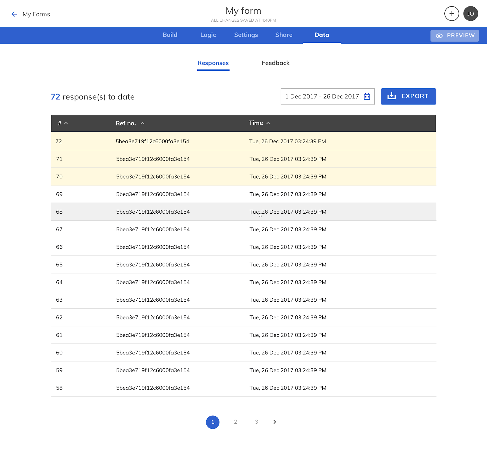 Form FAQ Storage View Response