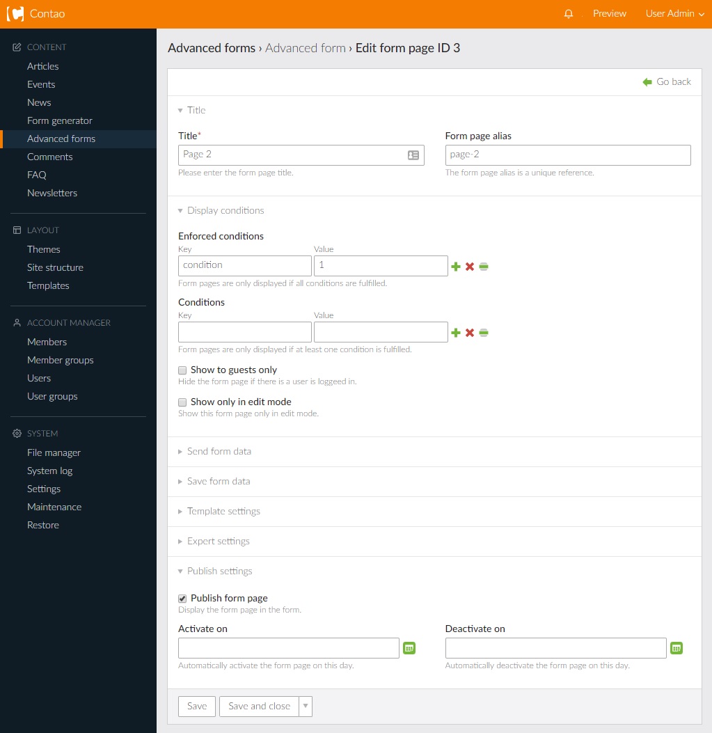 Admin View: Advanced form page conditions