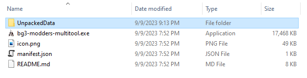 Screenshot of the Multitool installation folder with an 'UnpackedData' folder