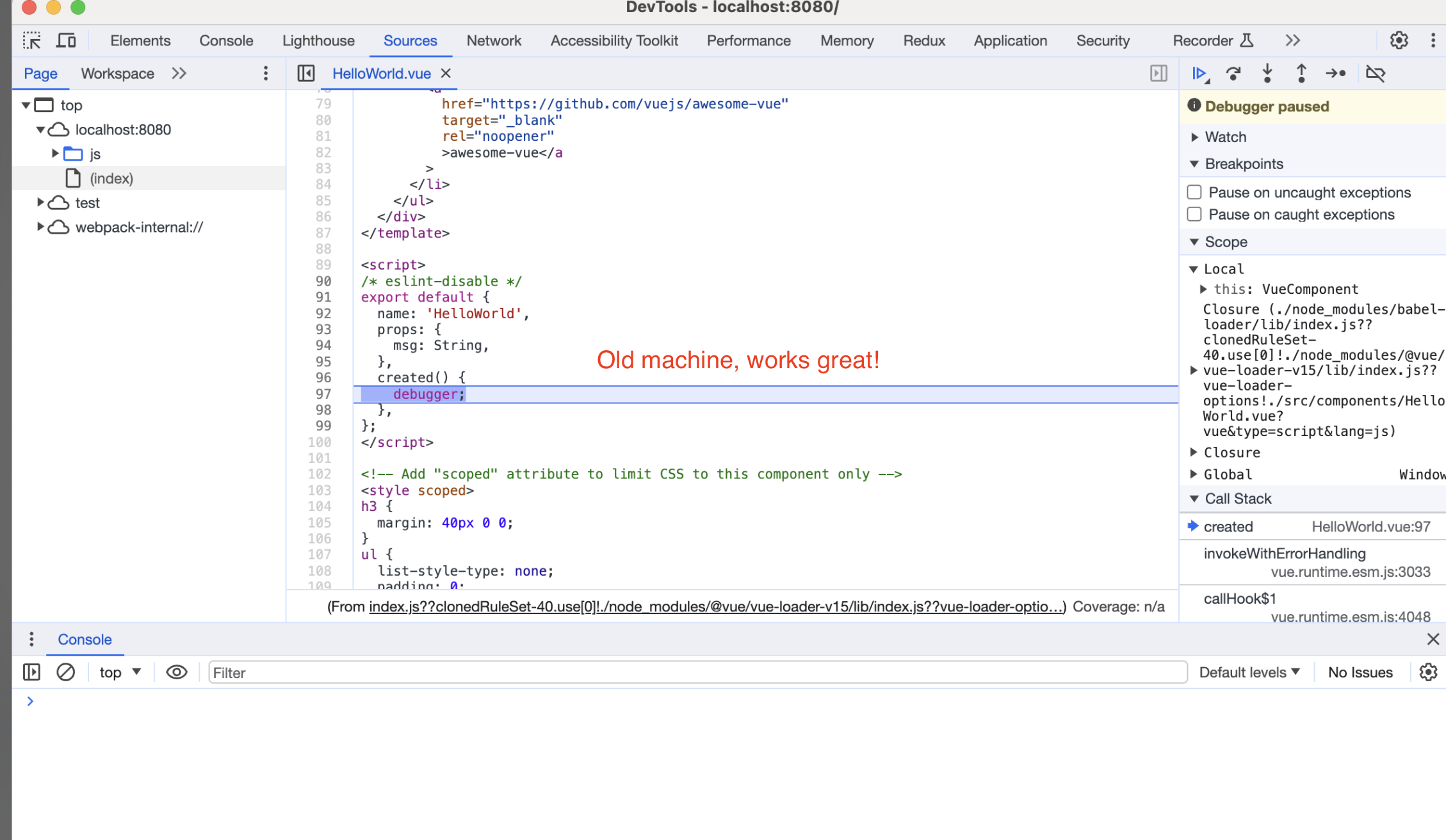 Image of debugger breakpoint being hit in Chrome dev tools