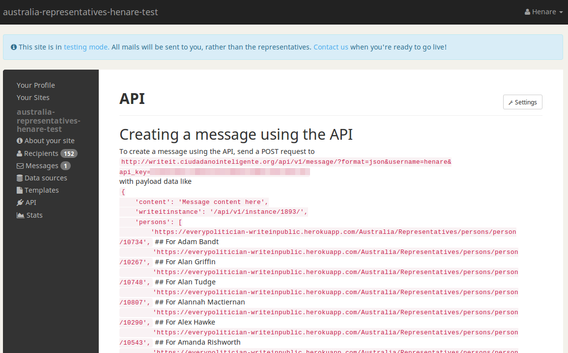 API settings screenshot