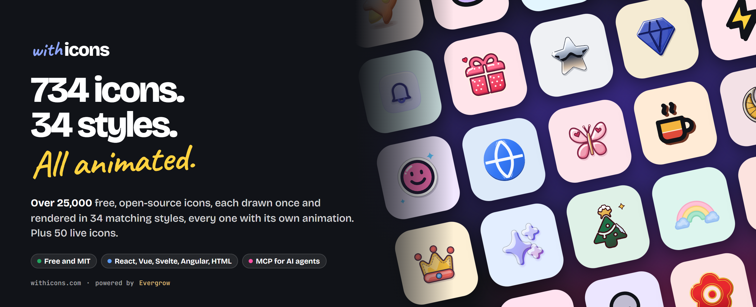 with icons: 734 icons, 34 styles, all animated. Over 25,000 free, open-source icons.