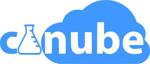 streamlined logo, single color (dark cyan), with canube in lowercase set in Myriad Pro, and the a changed into a flask; nube is in negative on a rounded cloud with 5 lobes.