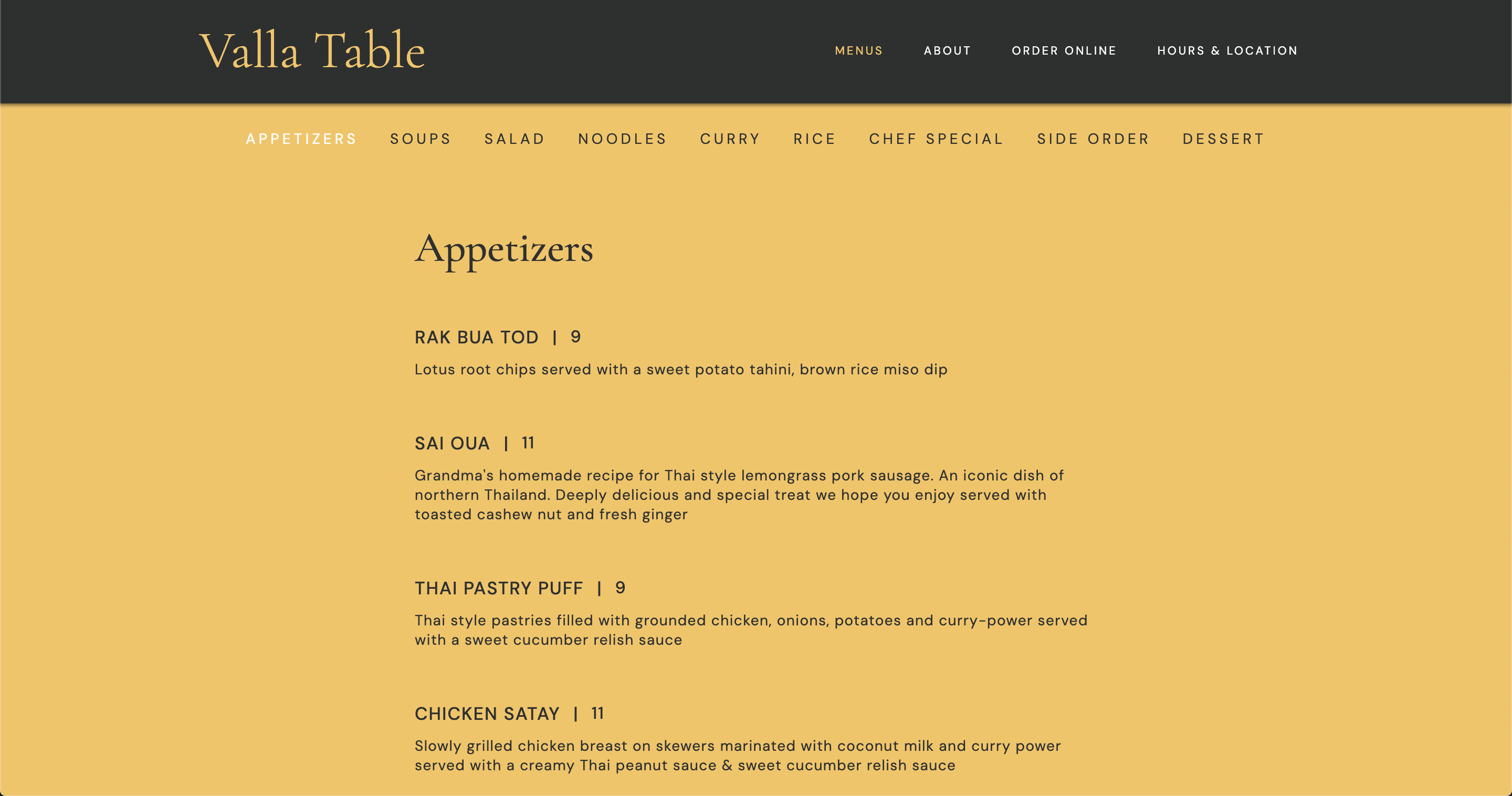 Menus page with food type options on top and a list of dishes with price and description