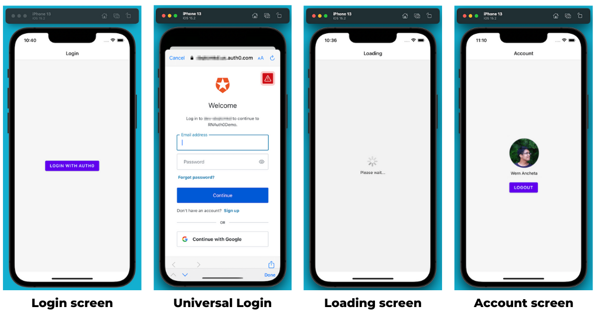 The app’s four screens: “Login”, “Universal Login”, “Loading”, and “Account”.