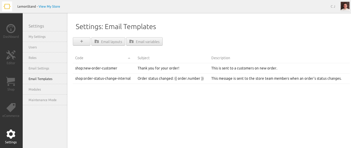 Settings Email Templates