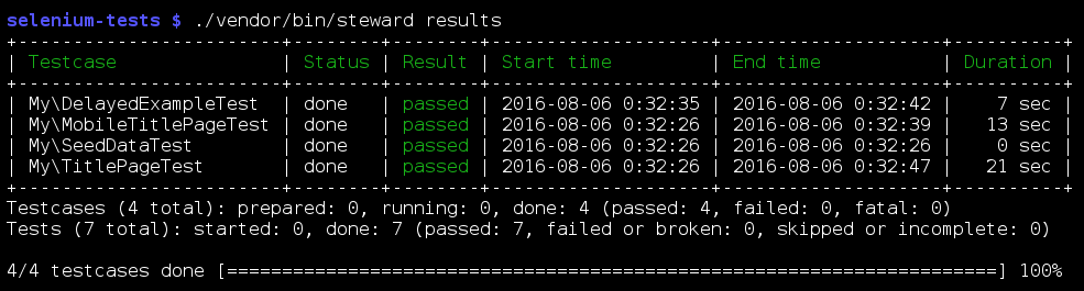 Example output of results command