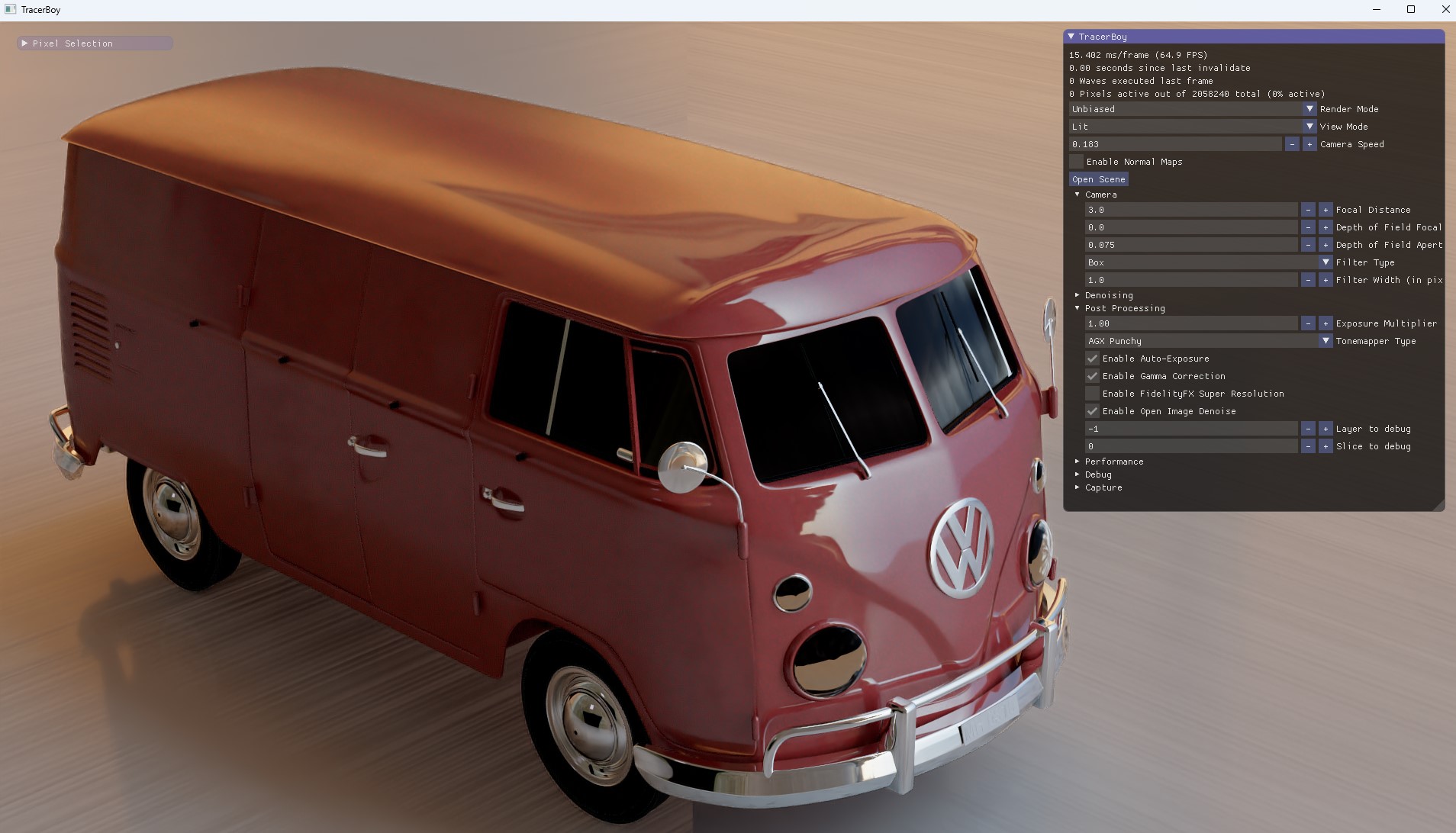 Example of TracerBoy rendering a van with UI on the right