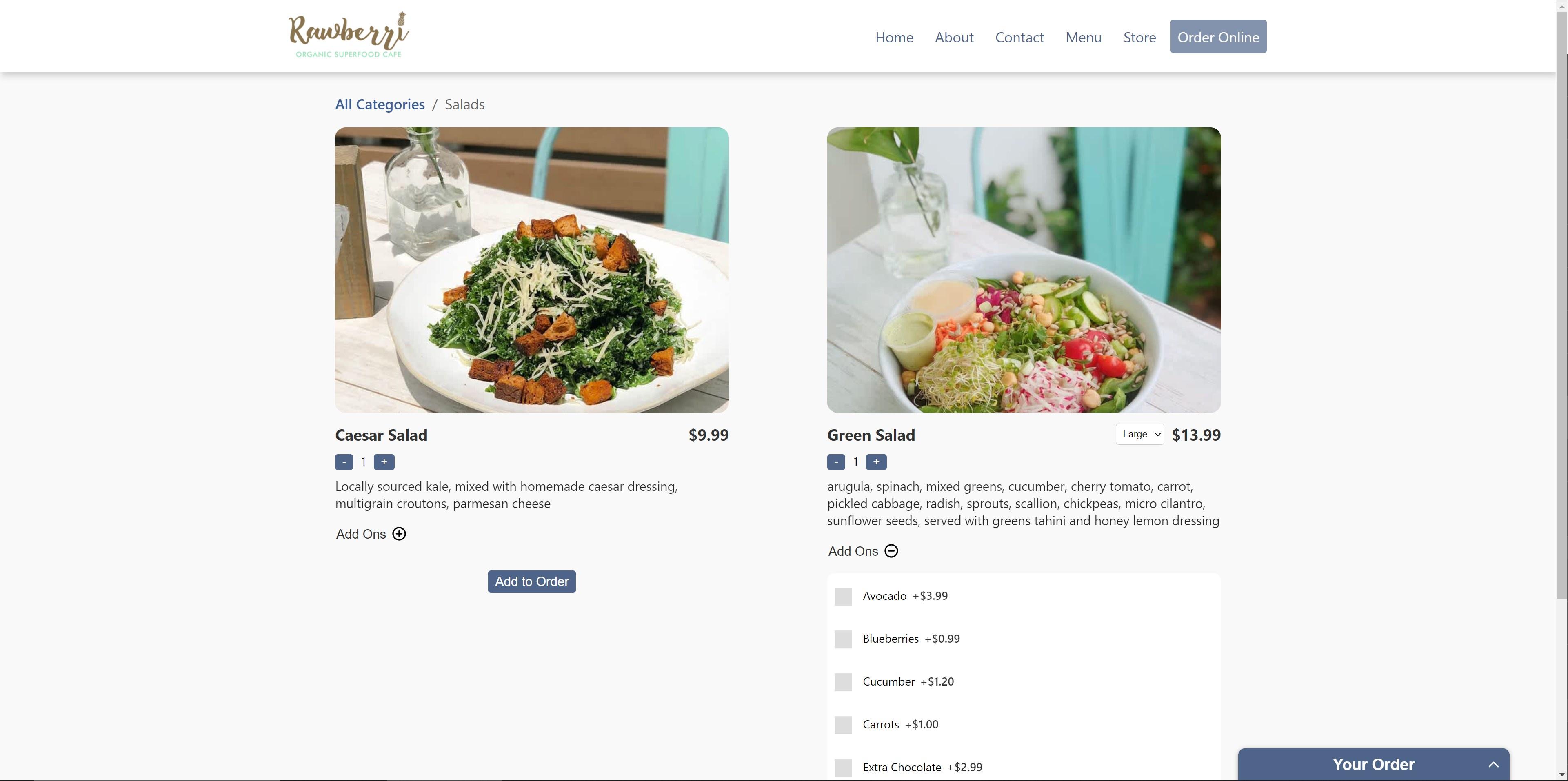 Screenshot of live site Salads category