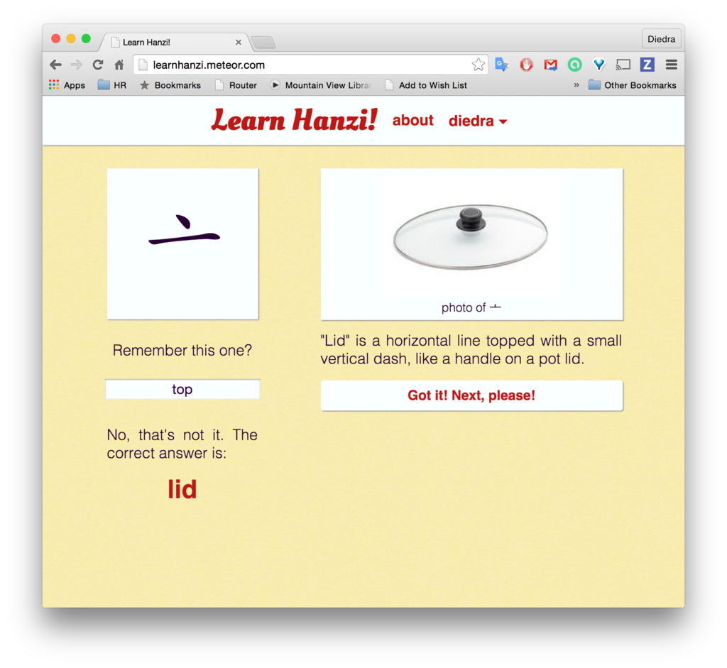 Learn Hanzi! desktop incorrect answer view