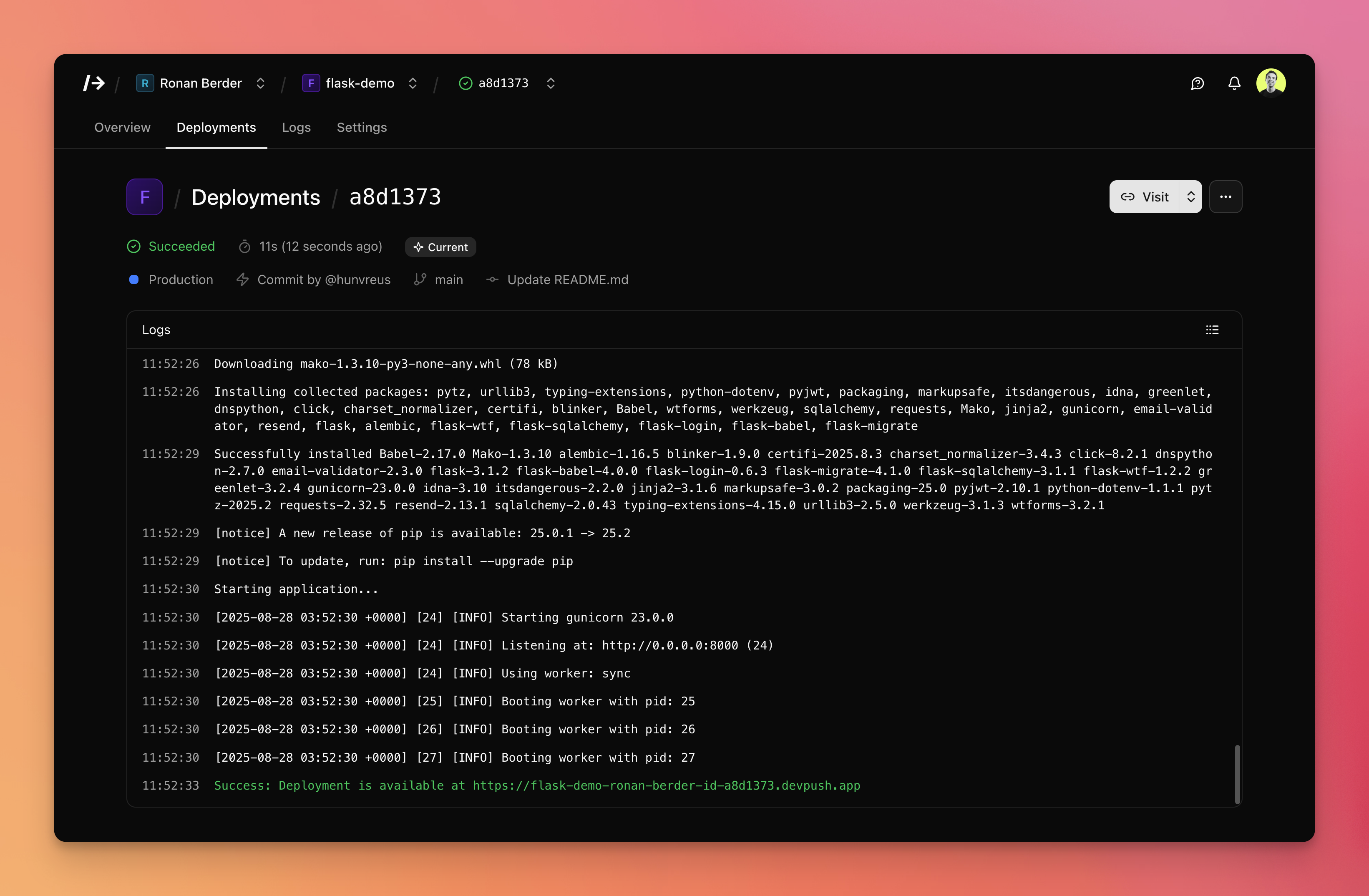 A screenshot of a deployment in /dev/push.