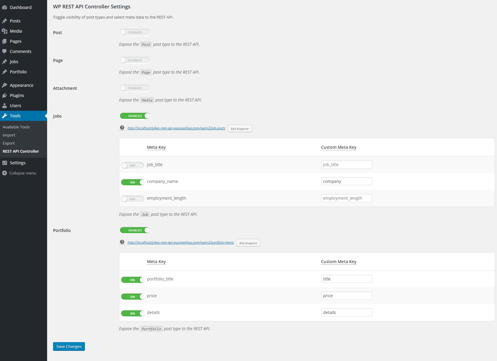 WP REST API Controller Settings Page