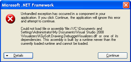 Could not load file or assembly 'KGySoft.Drawing.DebuggerVisualizers.dll'.