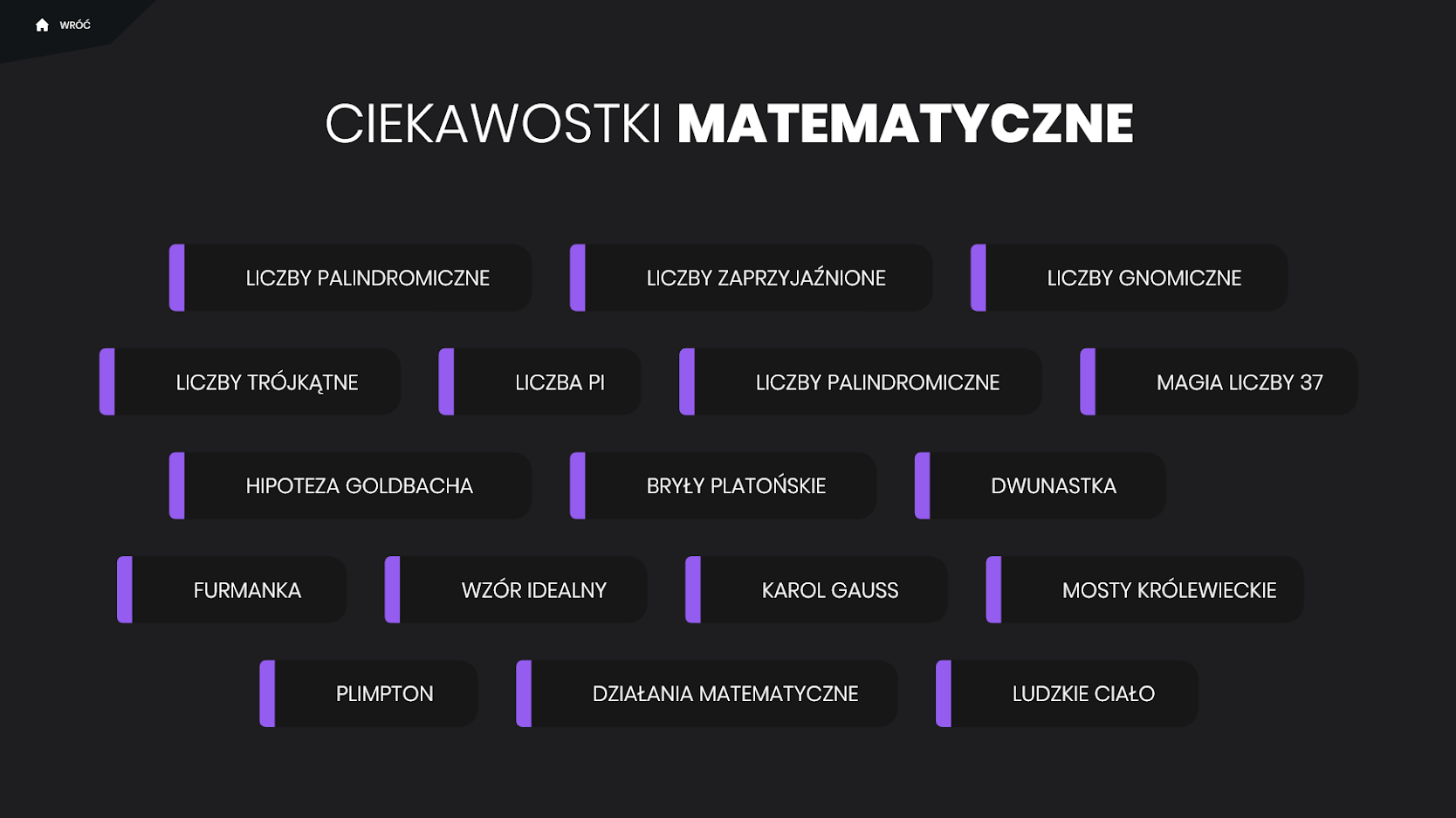 Początkowa strona z ciekawostkami matematycznymi