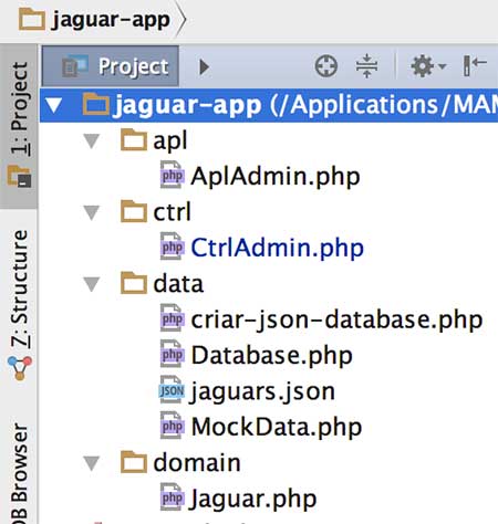 Estrutura física do projeto Jaguar no IDE PHPStorm - lado Web