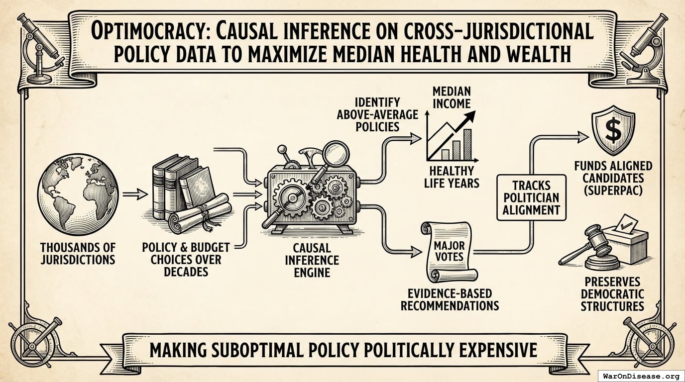 Optimocracy: Causal Inference on Cross-Jurisdictional Policy Data to Maximize Median Health and Wealth