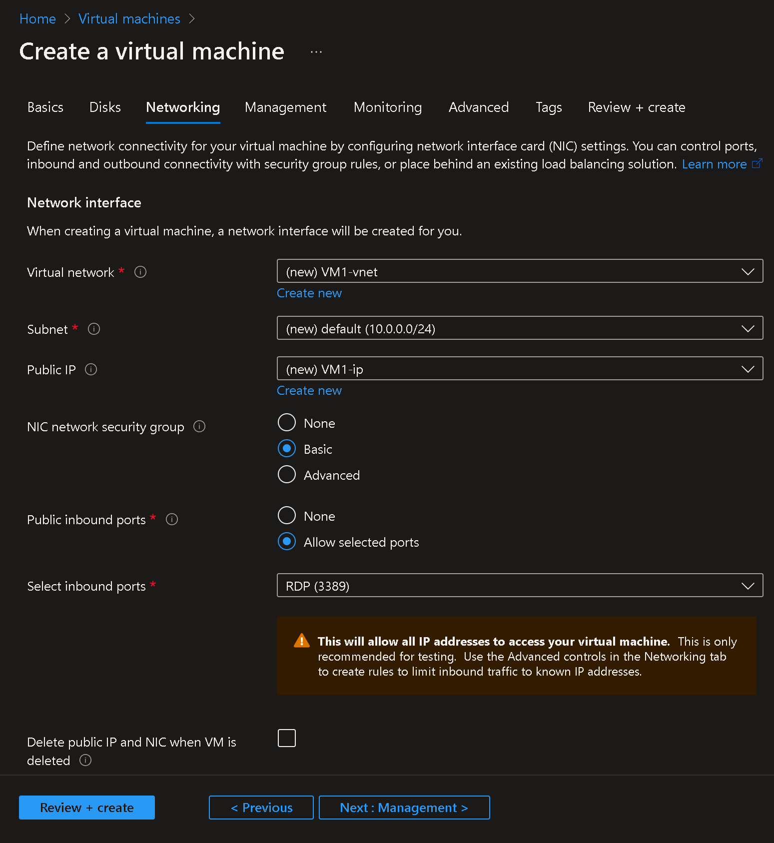 create networking portion of windows virtual machine