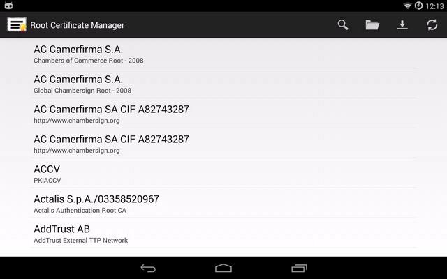 Root Certificate Manager running on Android.