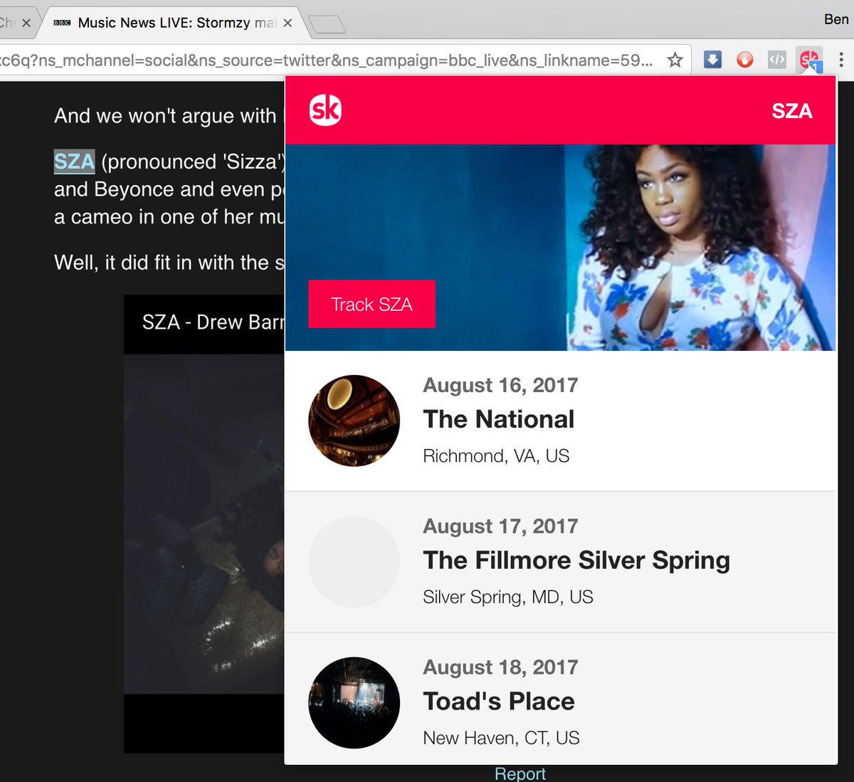 concert search extension screenshot showing SZA tour dates