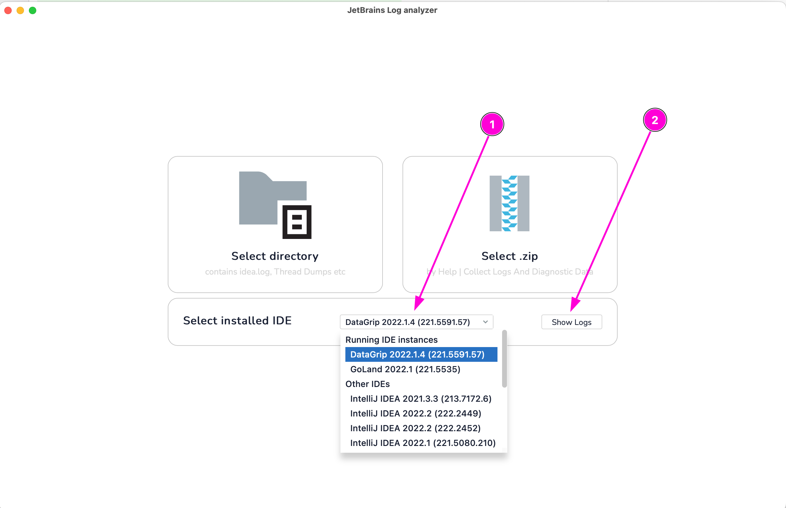 JetBrains Log Analyzer Select IDE