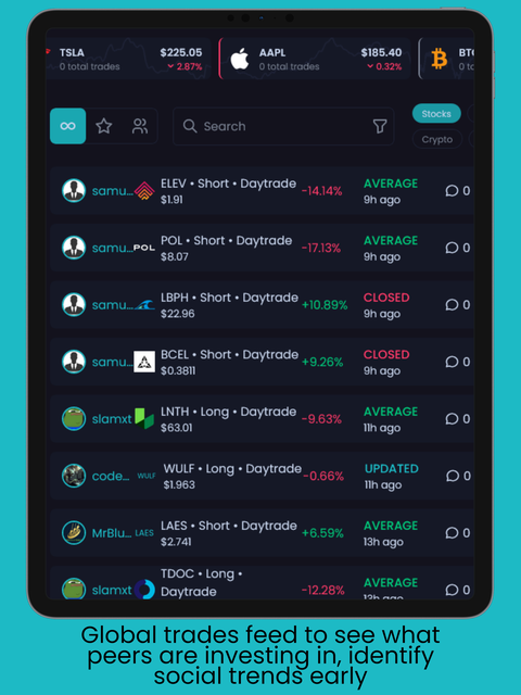 Latest trades, top trades, or positions from traders you follow