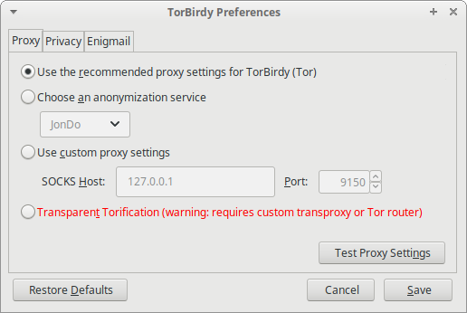 TorBirdy Proxy Settings