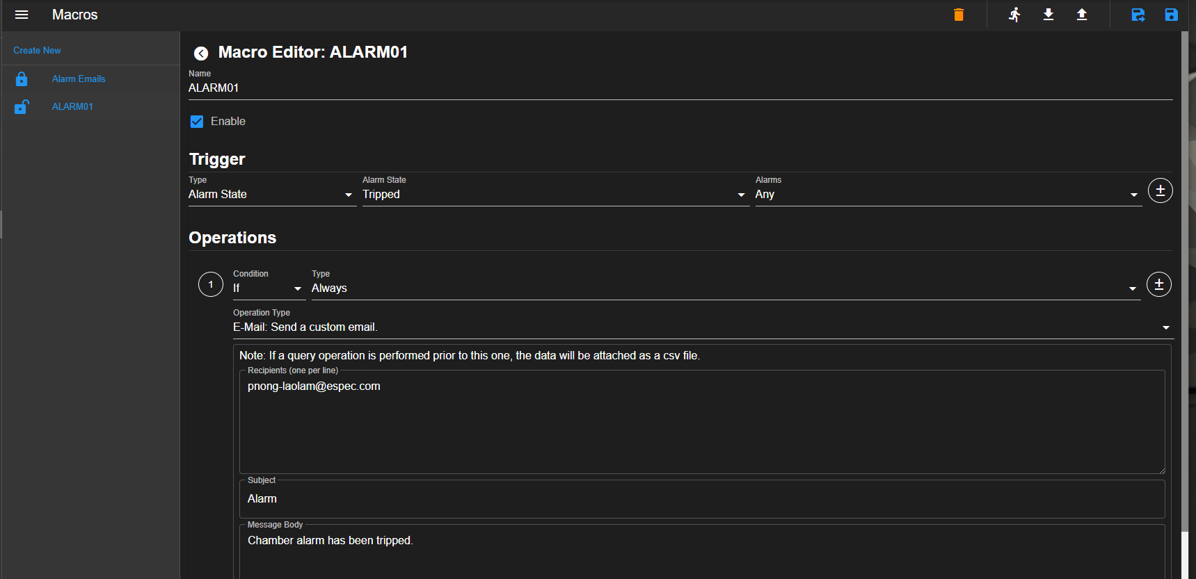 Macro profile with Alarm alert