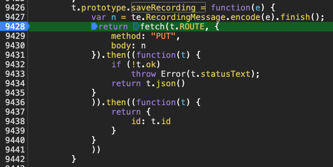 Screenshot of Chrome dev tools with a breakpoint set on line 9428 of prettified app source