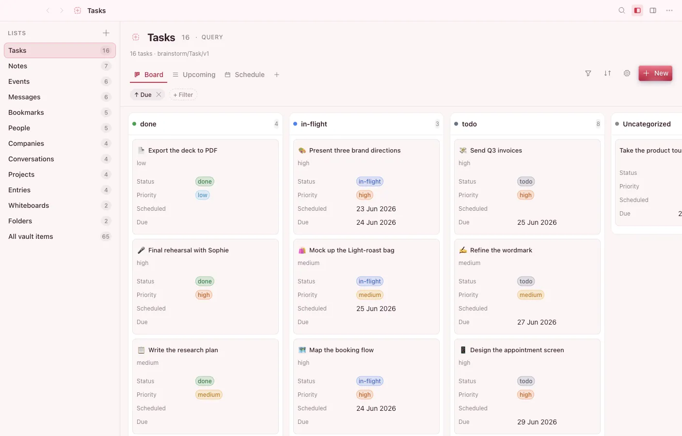 Database — the whole vault as grid, board, calendar, or timeline
