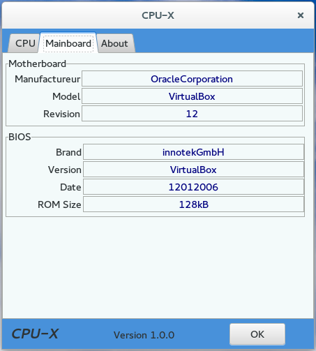 CPU-X on Fedora 20 i686 (under VirtualBox), GTK 3.10 (X11)