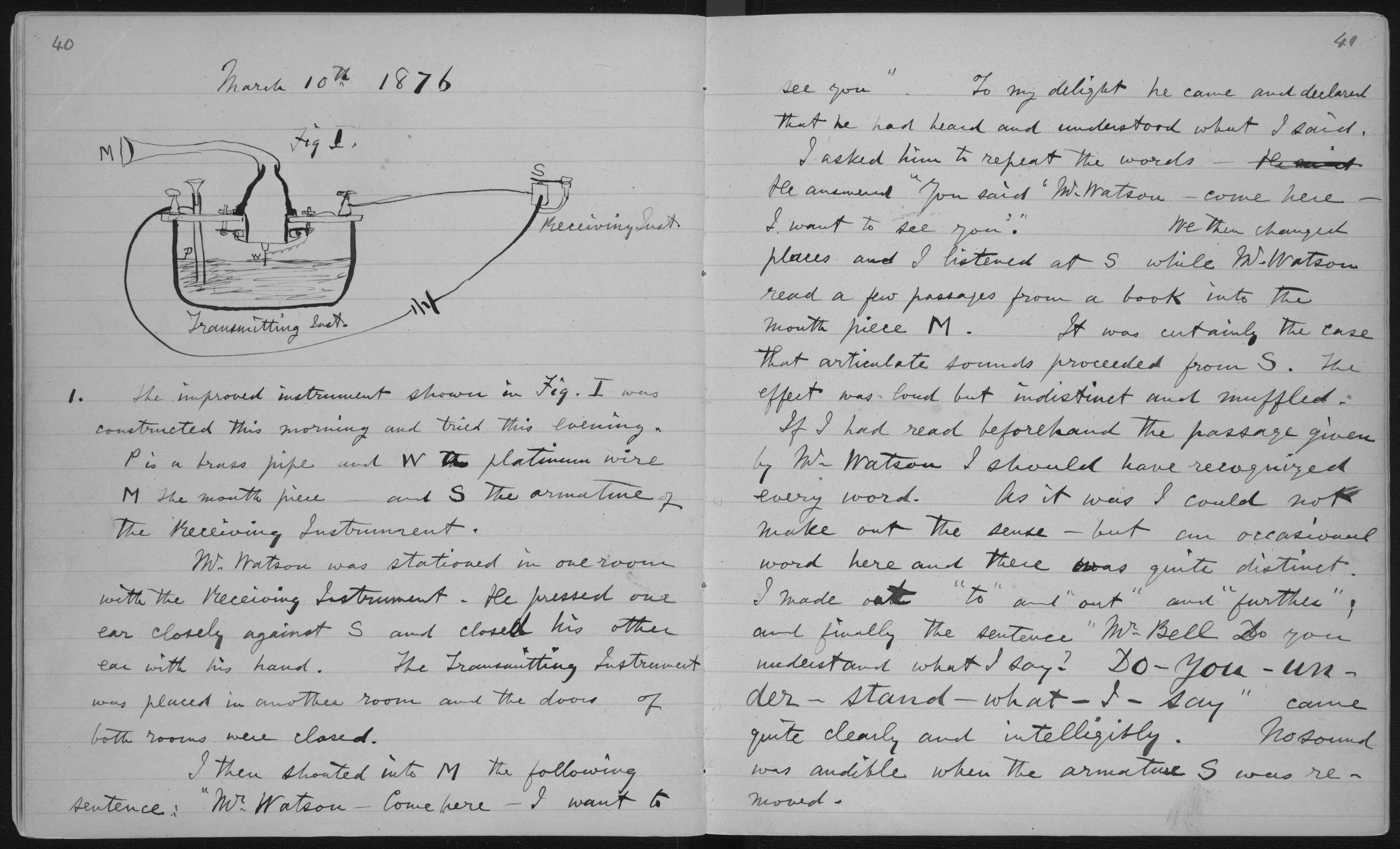  English: Pages 40-1 of Alexander Graham Bell's unpublished laboratory notebook (1875-76), describing first successful experiment with the telephone. 