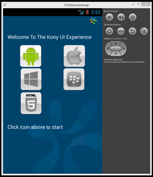 A screenshot of Kony's Kitchen Sink app running on an Android emulator