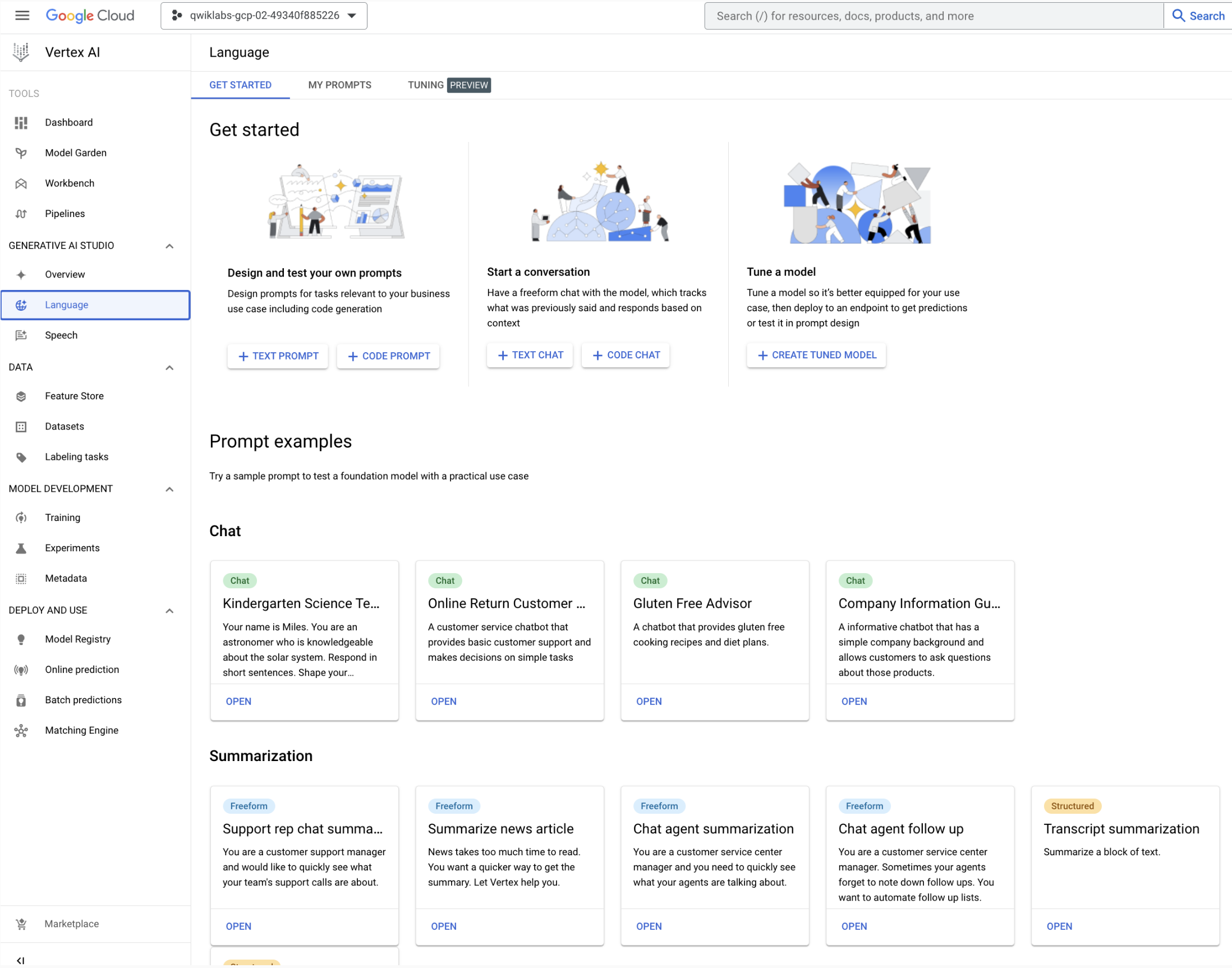 Language page of Generative AI