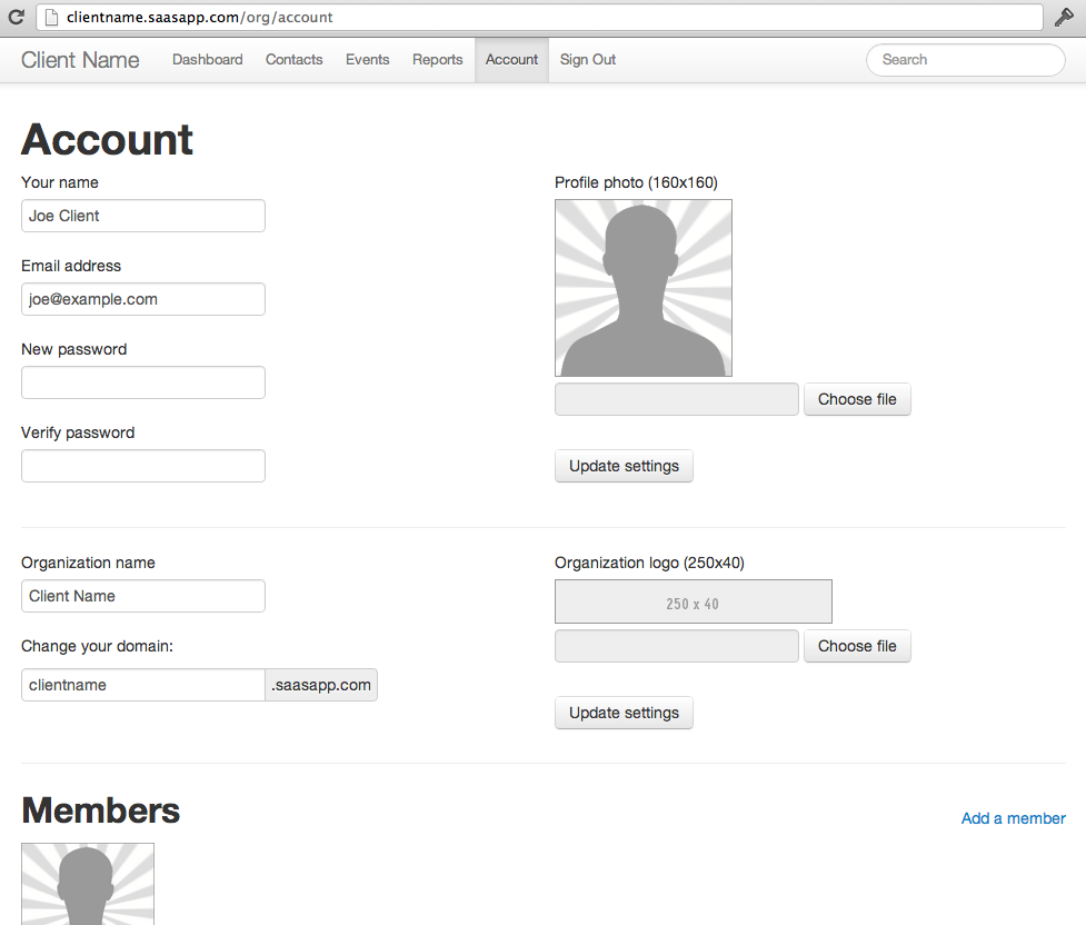 Saasy Account management screen