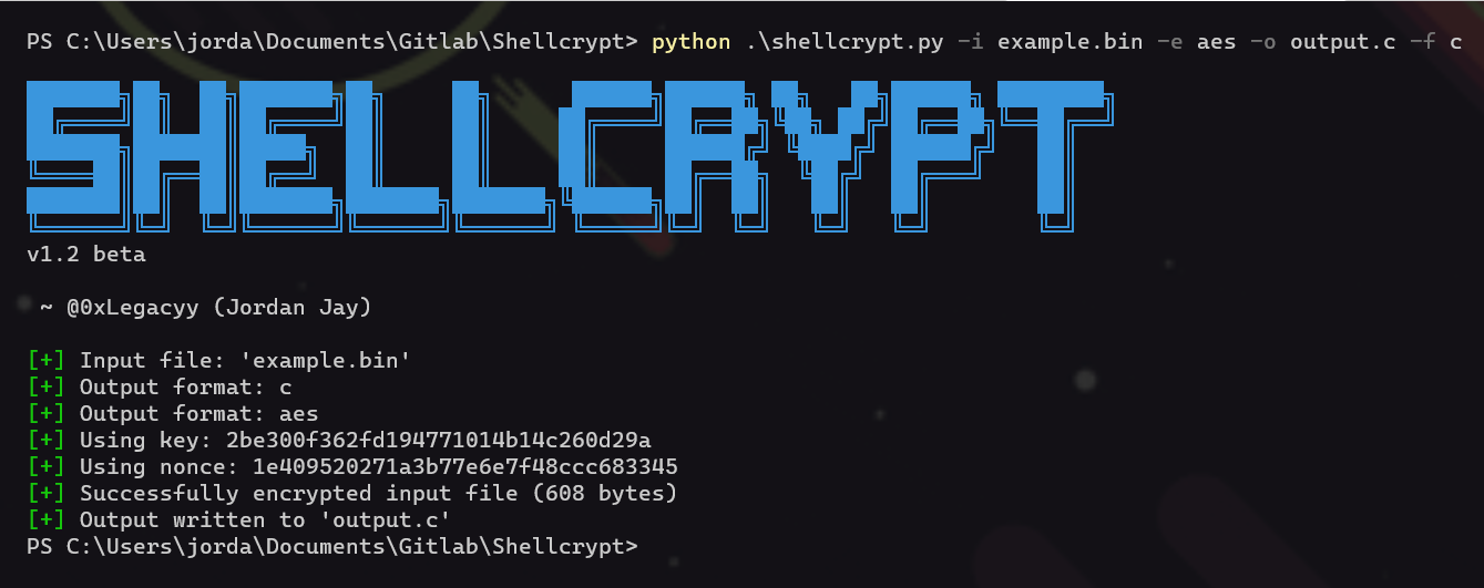 Screenshot of Shellcrypt encrypting shellcode