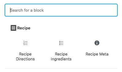 Screenshot of block inserter: new recipe section blocks in Recipe section