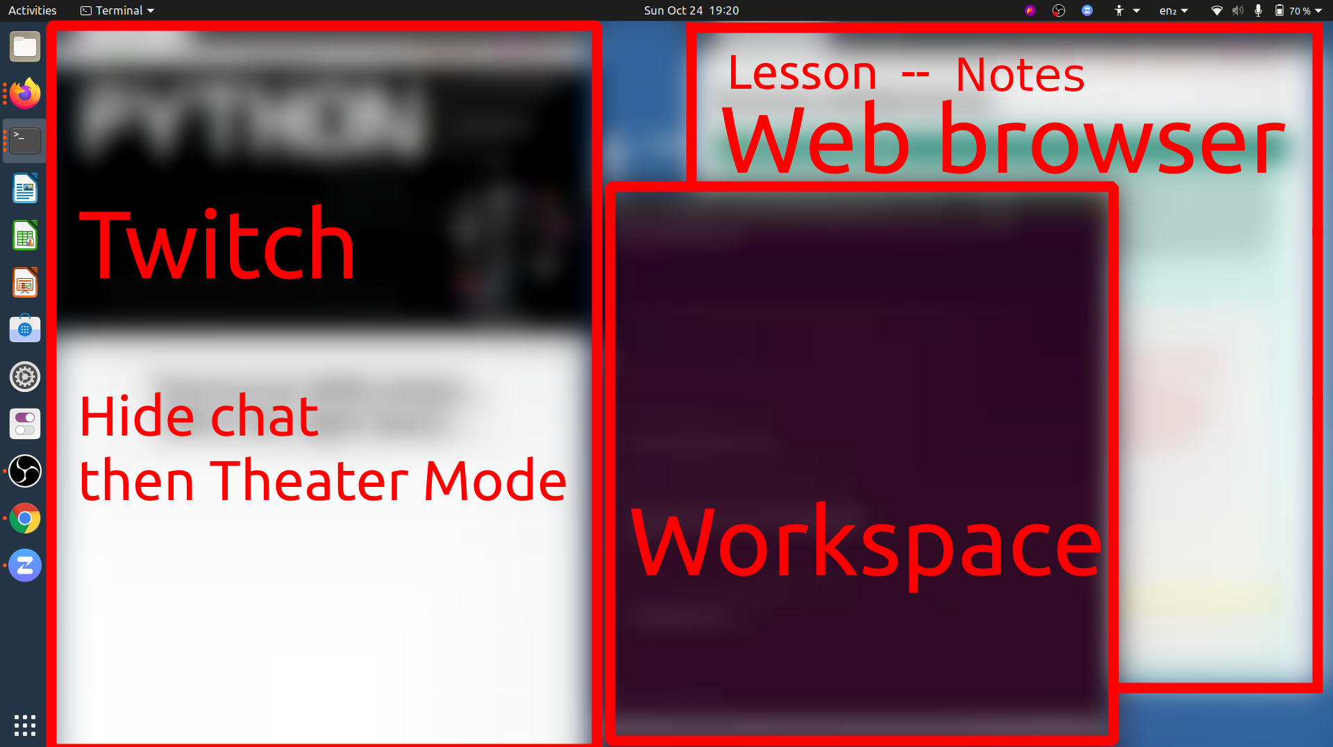 Example screen arrangement with broadcast on one side and learner space on the other