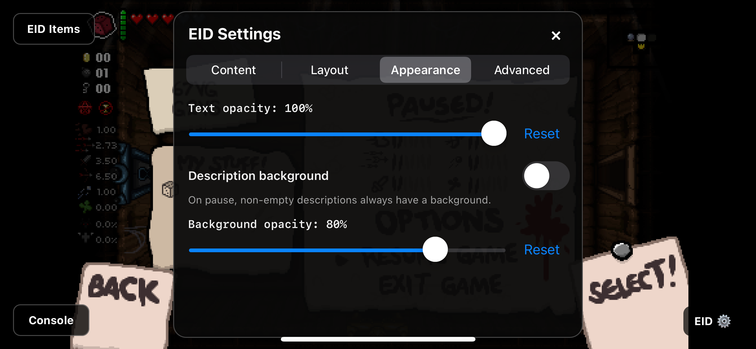 Adjust text and background opacity. Non-empty descriptions always gain contrast while paused.