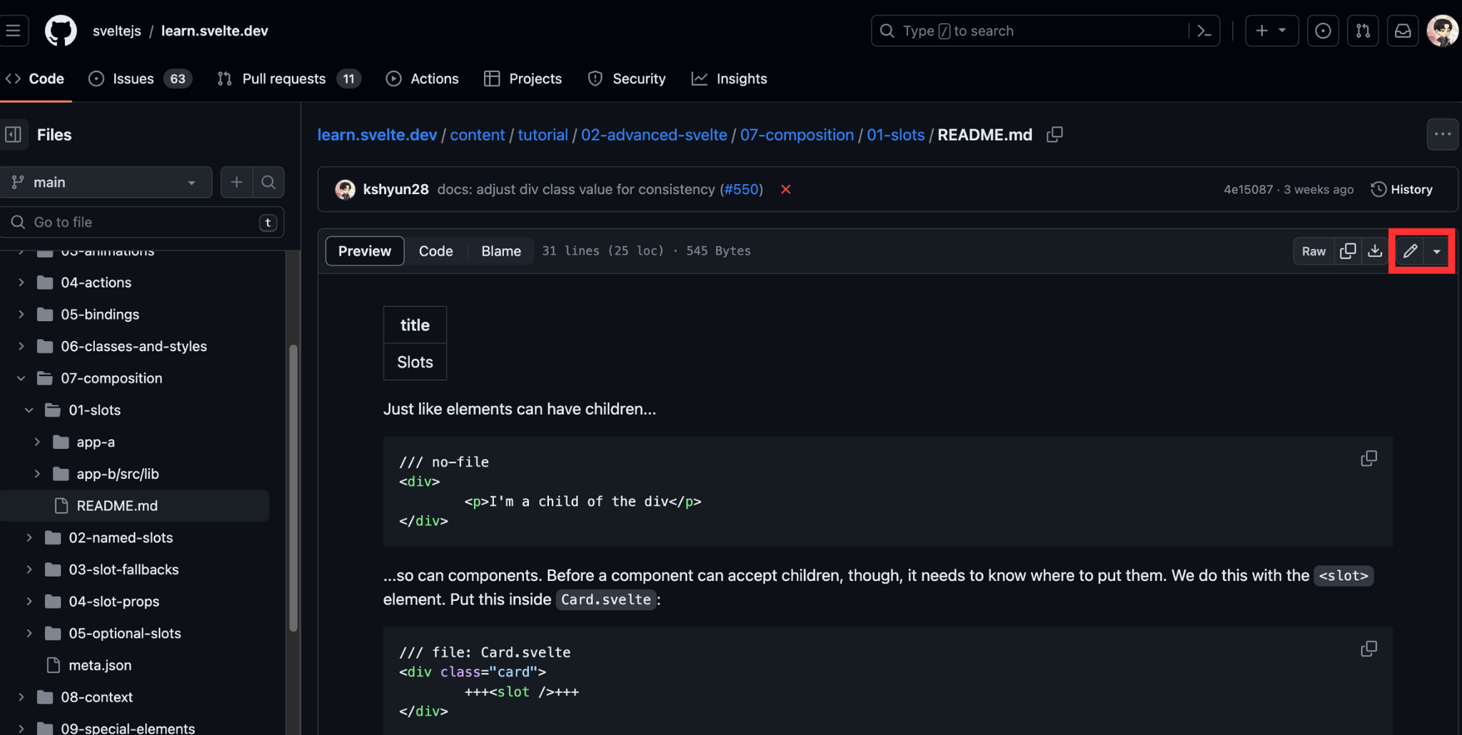 learn.svelte.dev on GitHub website, slots section README.md, click "Edit file" button