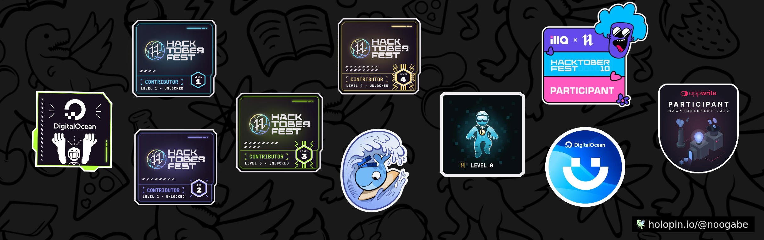 An image of @noogabe's Holopin badges, which is a link to view their full Holopin profile