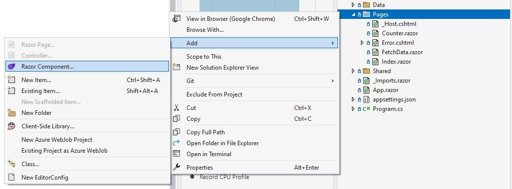 Context menu for creating a new Razor Component