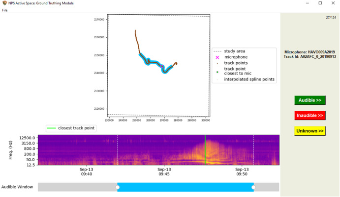 The provided `NPS-ActiveSpace.ground_truthing` module `tkinter`-based app. Reproduced from Betchkal et al. 2023, Fig. 2. A view of the NPS-ActiveSpace ground-truthing application with a completed spectrogram annotation for an audible helicopter overflying HAVO009A. The upper map frame shows ADS-B data (brown points) in the xy-plane and the user-estimated spatial extent of audibility (cyan highlight). The lower spectrogram frame includes the noise event as contrasted against the natural residual ambience. It also provides the user a cue: the timestamp corresponding to the most proximal ADS-B point (vertical green line). Audible extent was then estimated by adjusting the temporal boundary (cyan slider).